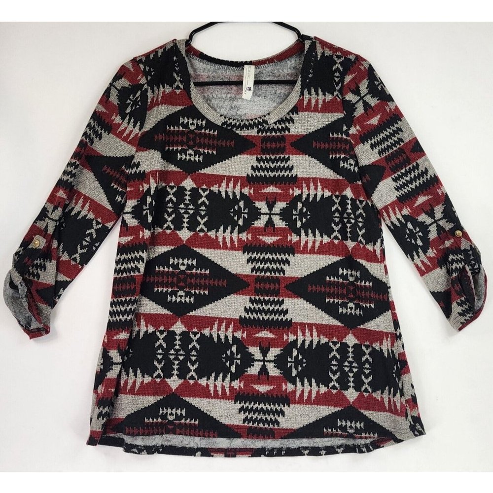 Pink Owl Sweater Womens Large Red Black GrayAztec Print Holiday Momcore Roll Tab